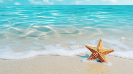 Fototapeta na wymiar Starfish on the sand beach in clear sea water , summer background with copy space for relaxing on the beach