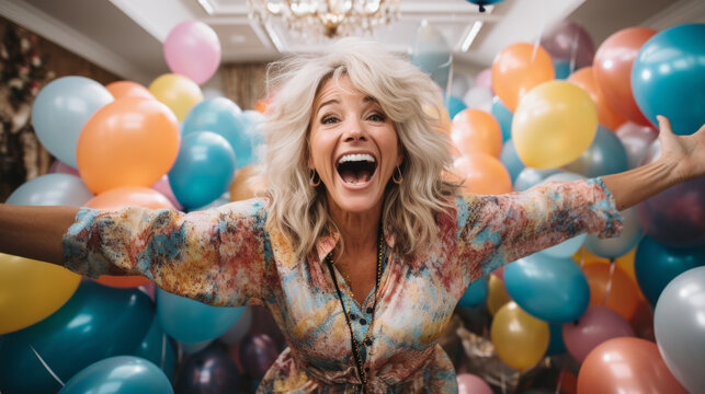 Happy woman dancing at home on her birthday in her pajamas, surrounded by a sea of colorful balloons, room is filled with laughter and the joy of party celebration