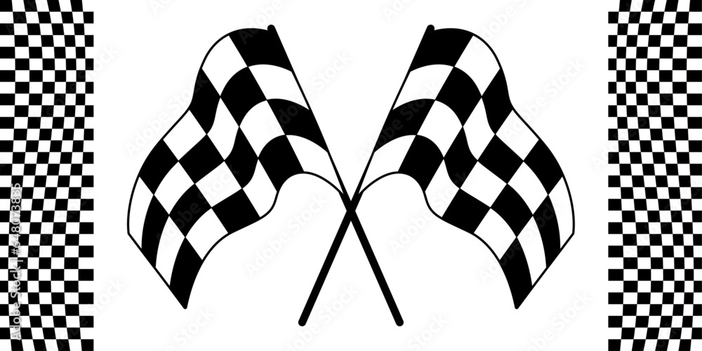 Poster Two black and white racing flags. Crossed racing flags, vector graphics of two checkerboard flags.