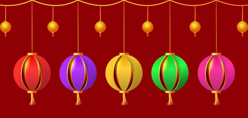 Garland of colored paper lanterns. 3D decor for the Chinese New Year and lantern festival - 648073833
