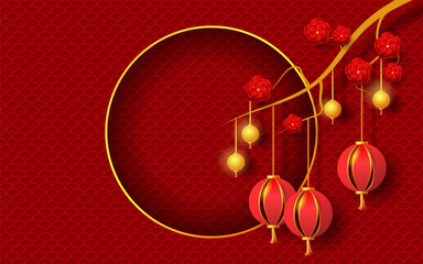 Oriental Holiday Lunar New Year background. Cherry blossom branch and paper lanterns - 648073839
