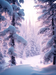 Pine forests coverage with snow at the morning winter