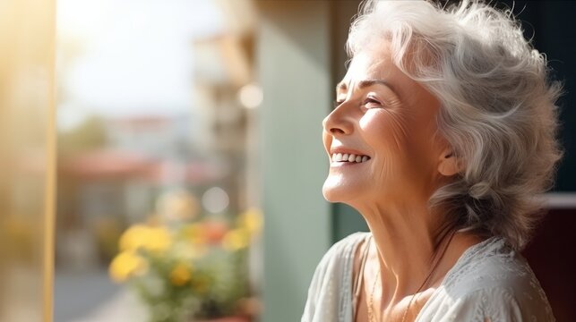 Representation photo of cheerful senior Caucasian lady unwinding and breathing new discuss with daylight in outside stop Elderly lady getting a charge out of a day within the stop on summer Healthcare