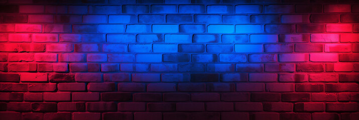 Neon light on brick walls. Lighting effect blue and red neon background