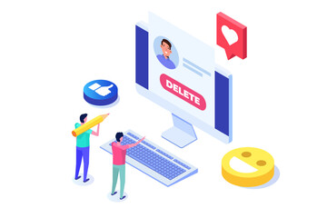 Remove or delete the social account or profile concept. Isometric vector illustrations for banner, website, landing page, flyer.