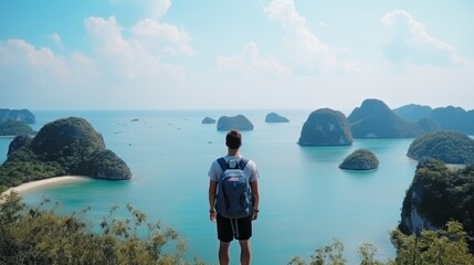 Rucksack Asian man on the mountain see see scene the wonderful nature scene of the ocean experience on excursion travel relaxation to Asia on Mu Ko Ang Thong island National Stop foundation Thailand - obrazy, fototapety, plakaty