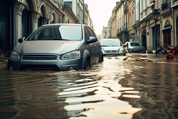 Floating cars in the water during flooding in an european country, with washed out street
