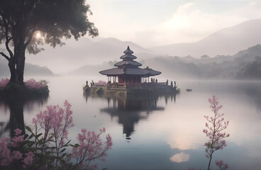 Fototapeta premium Lake in Bali with a temple in the middle of the lake, pastel color palette sinister landscape