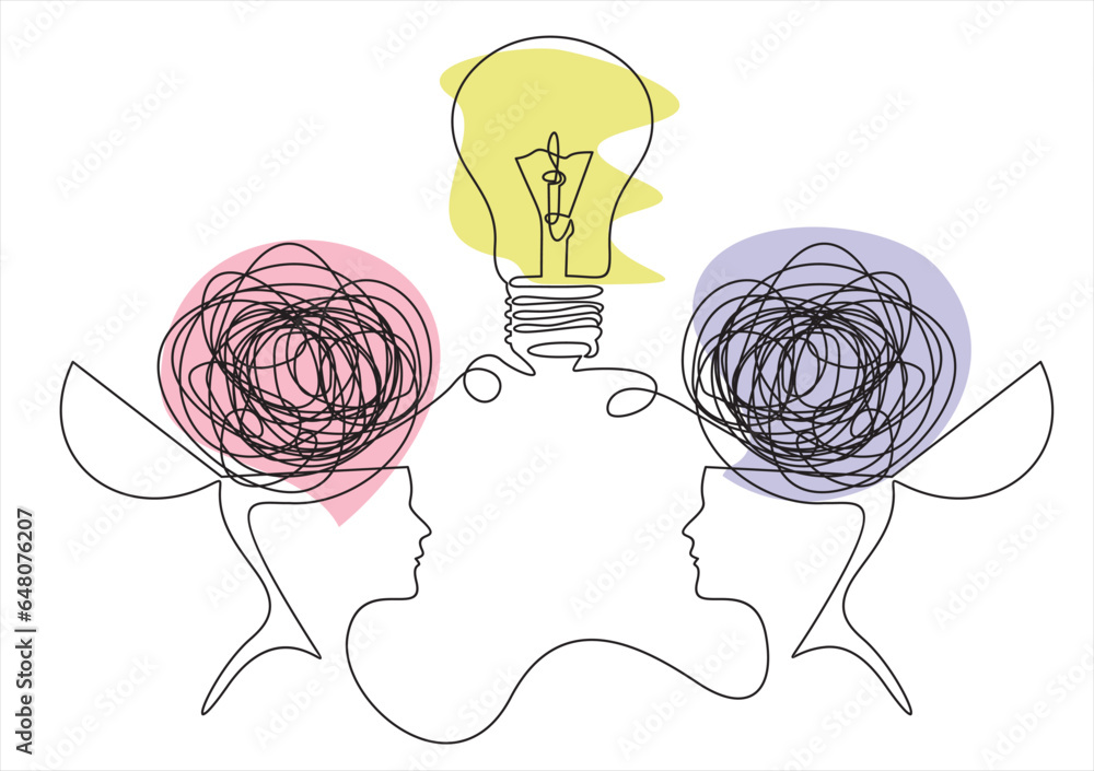 Poster confused thoughts in their head and questions in their brain. brainstorm process. new idea, solution