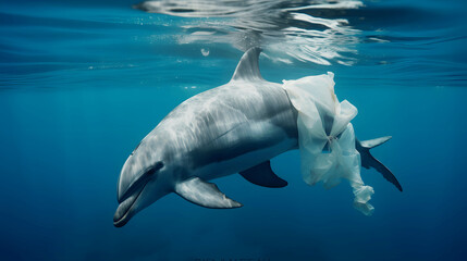 a dolphin swimming in a plastic poluted ocean 