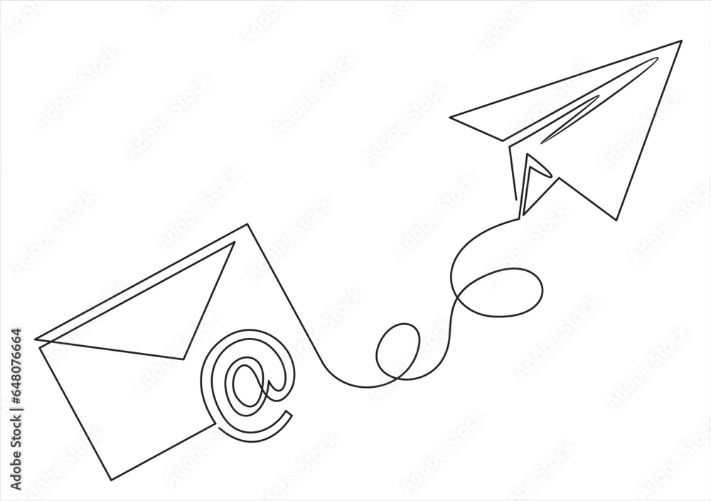 Poster one line paper envelope. black and white monochrome continuous single line art. email message post l