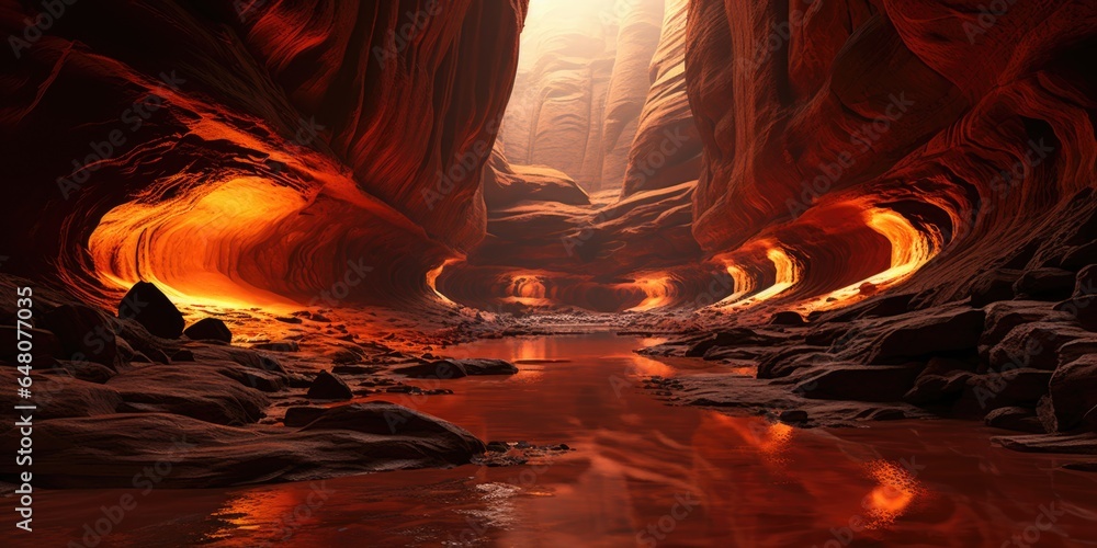 Poster a river running through a canyon filled with rocks. generative ai image.