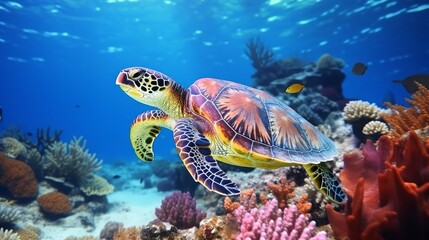 Obraz na płótnie Canvas Ruddy ocean jumping huge ocean turtle sitting on colorful coral reef