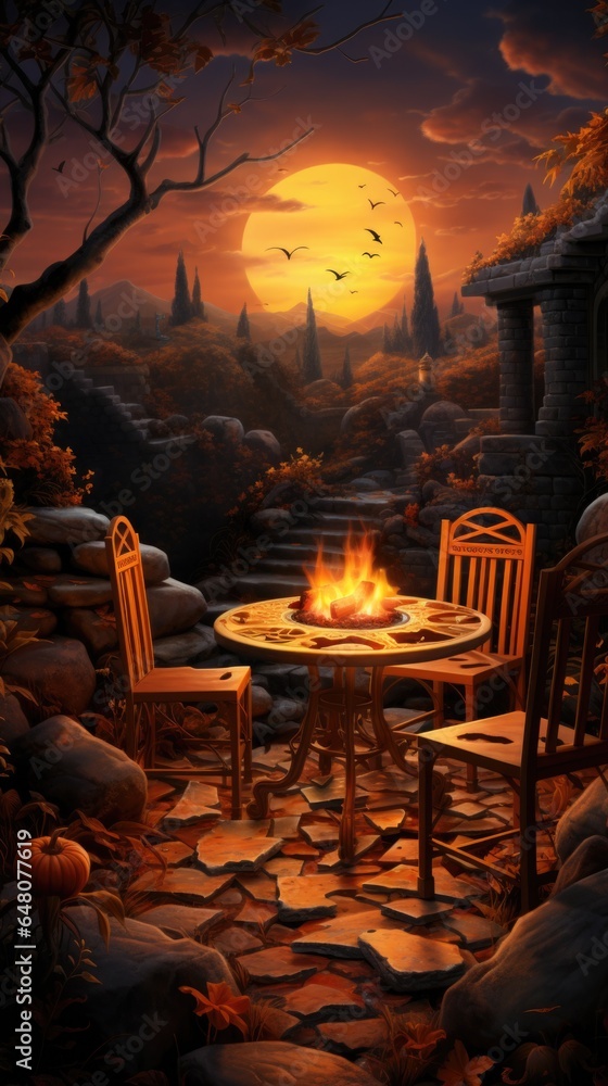 Aufkleber a painting of a table and chairs in front of a fire pit. generative ai image.
