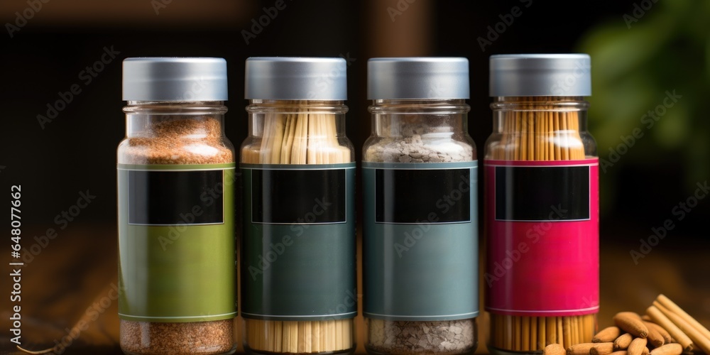 Poster a close up of a group of bottles of spices. generative ai image.