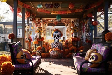 Day of the dead decorated porch on sunny day