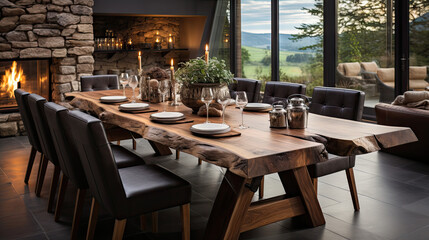 Fototapeta premium Country Charm: Handcrafted Log Dining Set
