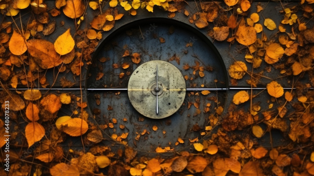 Poster a clock surrounded by leaves on a wall. generative ai image.