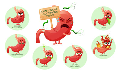 Helicobacter pylori infection symptoms cartoon stomach characters infographic