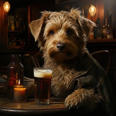 young male yorkshire terrier sitting in front of a fireplace, ai