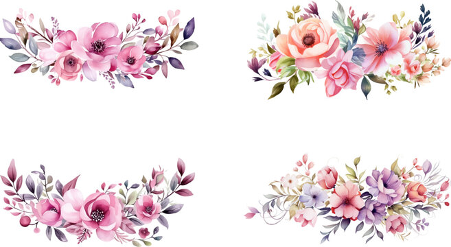 Set of beautiful watercolor flower bouquets, flower arrangements or summer flower bouquets. Can be used for invitations, greetings, and wedding cards