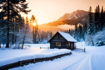 hut of wood fully covered with snow with awesome sunrise with snowfall