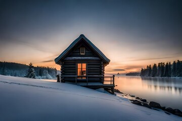 hut of wood fully covered with snow with awesome sunrise with snowfall