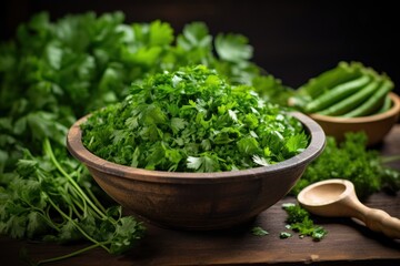 Wooden Bowl with Fresh Green Vegetables
