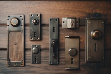 Variety of Door Knobs on Wooden Surface - obrazy, fototapety, plakaty