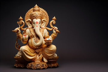 Fototapeta na wymiar Beautiful sculpture art of Hindu god Ganesha on isolated dark background, God of fortune wallpaper, Generative AI