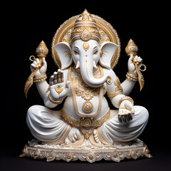 Beautiful sculpture art of Hindu god Ganesha on isolated black background, God of fortune, Generative AI