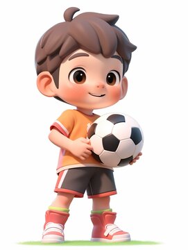 3d render of a cute little boy holding a soccer ball.