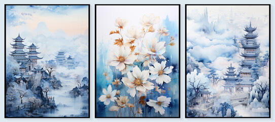 Flower Painting collage, Wall Art, Living Room Wall Decor Artwork, Generative AI