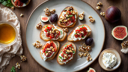 Fototapeta na wymiar Appetizing bruschetta with pieces of figs, soft cheese, walnuts, honey in the kitchen