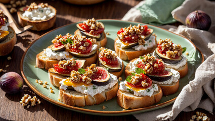 Obraz na płótnie Canvas Appetizing bruschetta with pieces of figs, soft cheese, walnuts, honey in the kitchen