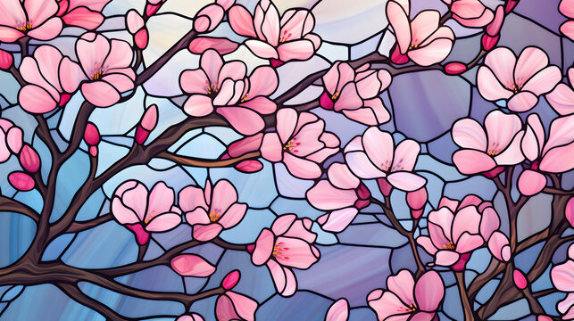 seamless pattern with pink flowers stained glass