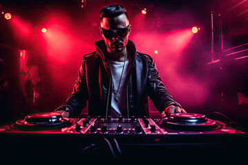 A cool sunglasses-wearing DJ at work lit by red lighting