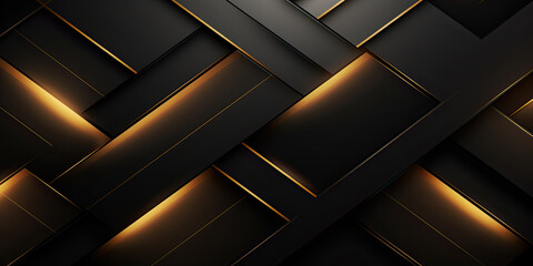 Luxury abstract black metal background with golden light lines. Dark 3d geometric texture illustration. Bright grid pattern. - obrazy, fototapety, plakaty