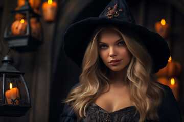Obraz na płótnie Canvas Young woman dressed in a witch costume, on Halloween.