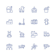 Toys line icon set on transparent background with editable stroke. Containing beach, blocks, bunny, crib toy, duck, kick scooter, music box, plane, remote control, sand bucket, sand castle.