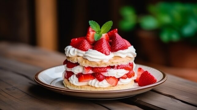 Strawberry shortcake pies on provincial wooden table idealize party person new natural product dessert