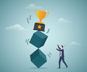 The trophy is shaky on the cubes, and the merchant is worrying about it.Risk and Honor business concept