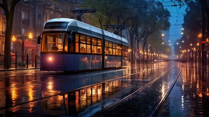 a trolley car on a city street in the rain at night.  generative ai