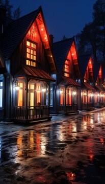  a row of houses lit up at night on a rainy day.  generative ai
