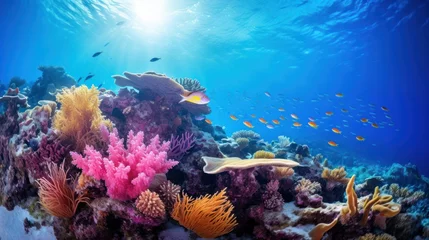 Gordijnen Submerged coral reef scene 16to9 foundation within the profound blue sea with colorful angle and marine life © Elchin Abilov
