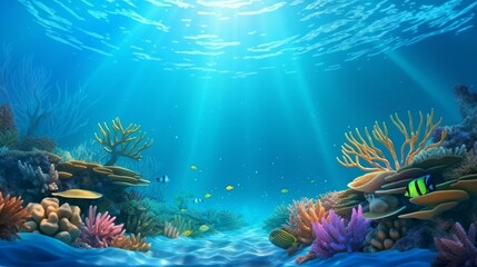Submerged coral reef scene foundation within the profound blue sea with colorful angle and marine life