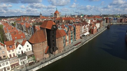 Naklejka na ściany i meble Aerial of Gdansk Old Town Houses Churches and Motlawa River