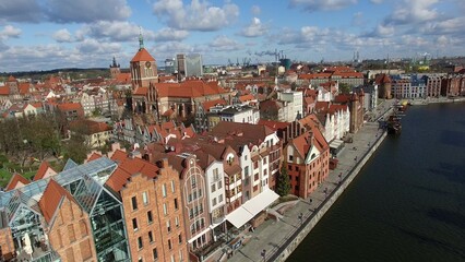 Aerial of Gdansk Old Town Houses Churches and Motlawa River © maradek