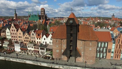 Aerial of Gdansk Old Town Houses Churches and Motlawa River © maradek