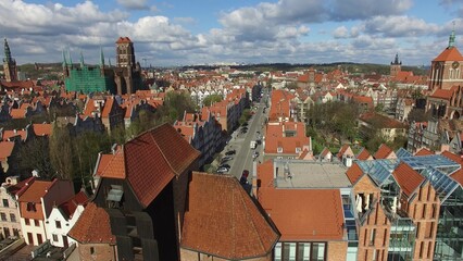 Aerial of Gdansk Old Town Houses Churches and Motlawa River © maradek